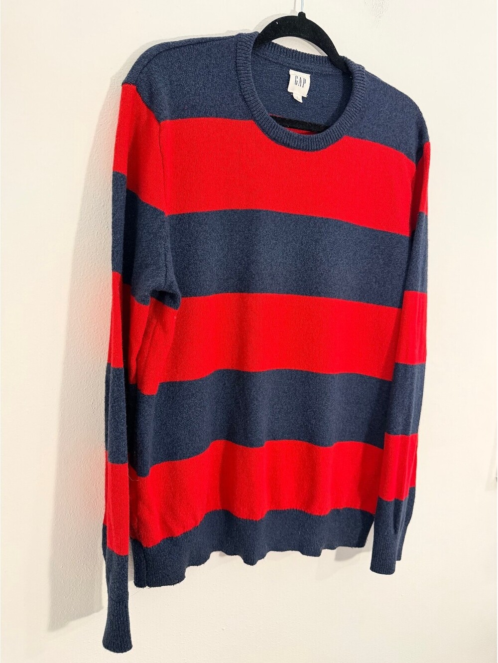 Gap Merino Wool Blend Striped Crewneck Sweater Red Navy Size L - Picture 9 of 9